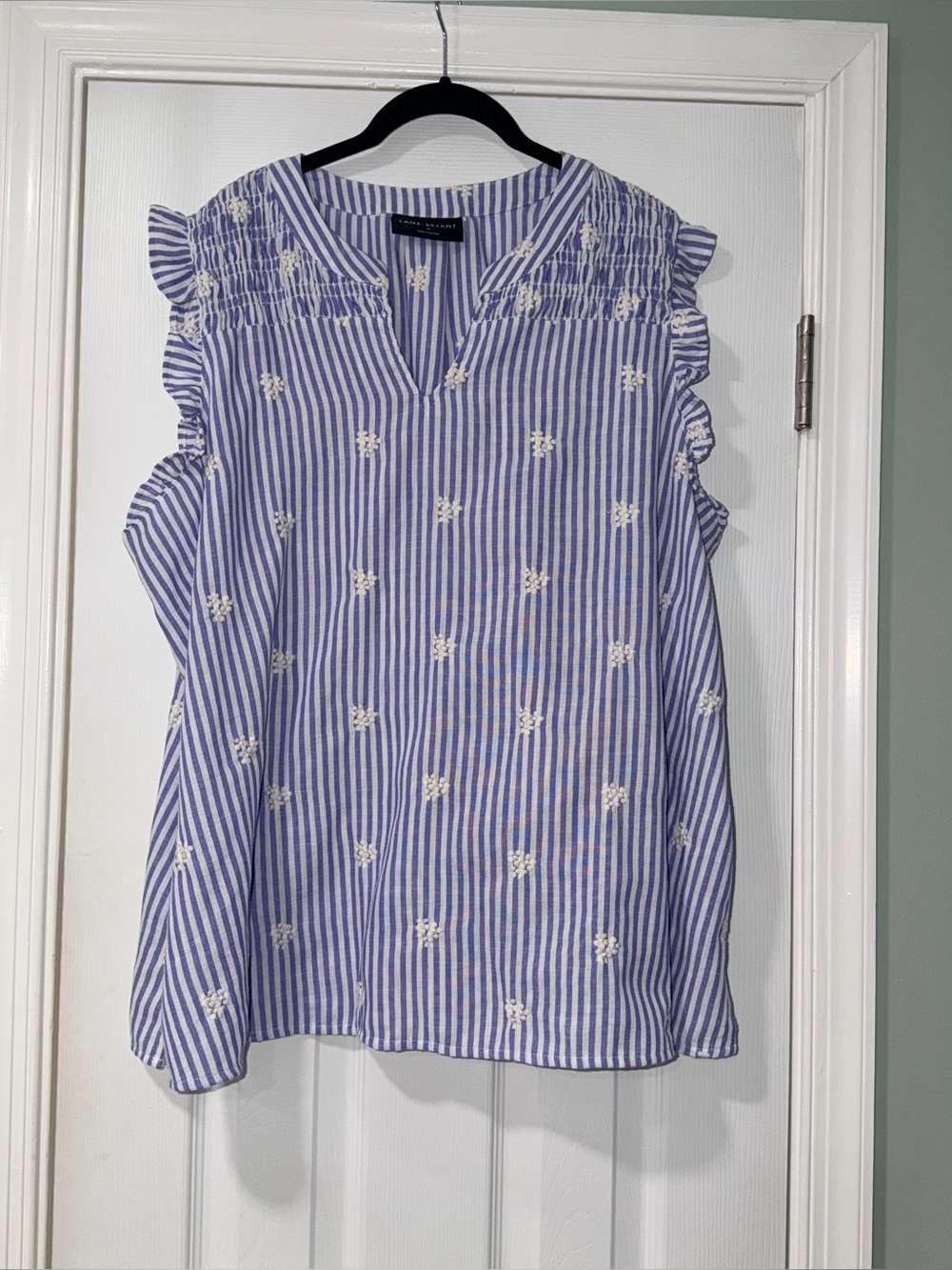 Lane Bryant Striped Ruffle Sleeve Blouse in Blue & White